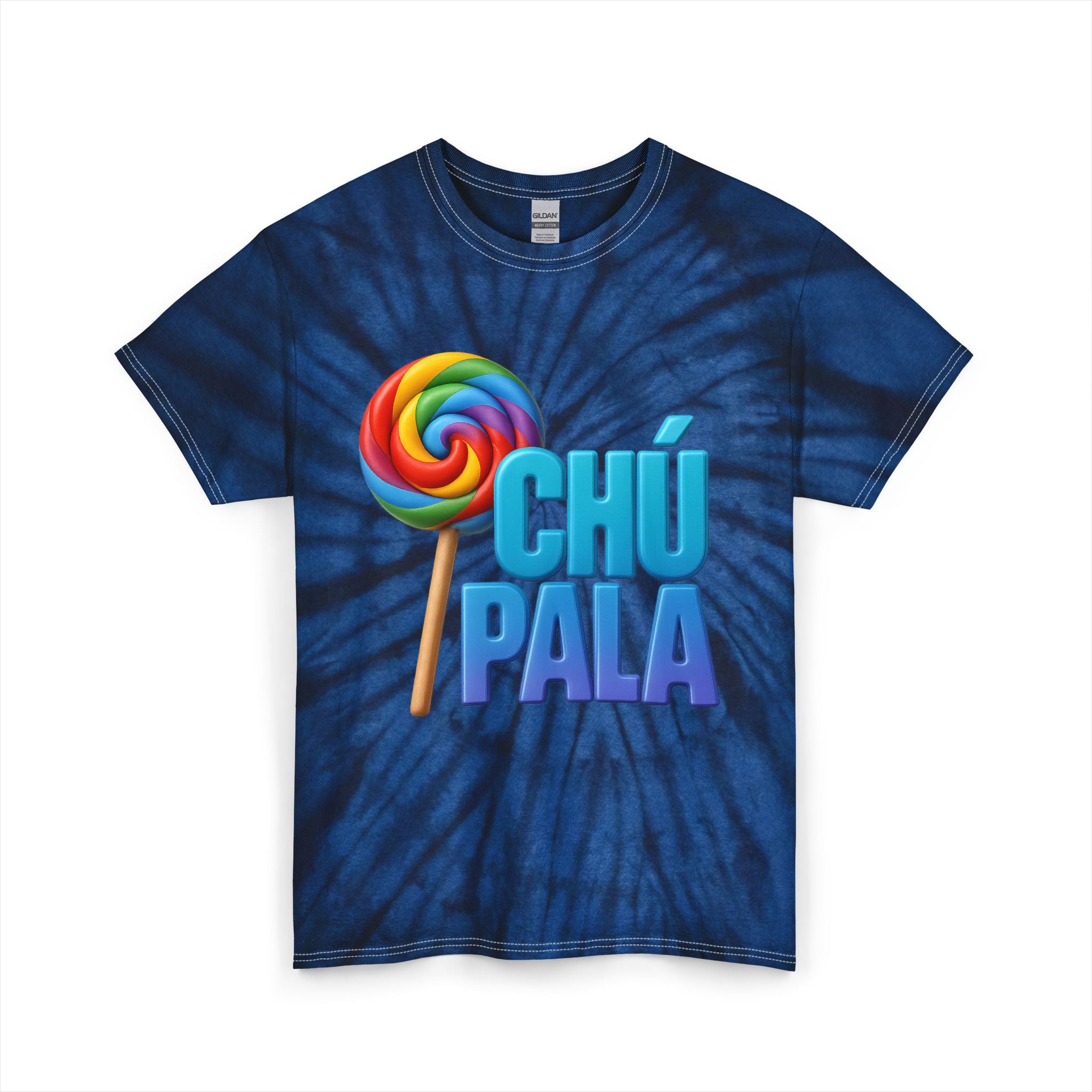 Playera Chú Pala tie-dye navy con paleta colorida lollipop