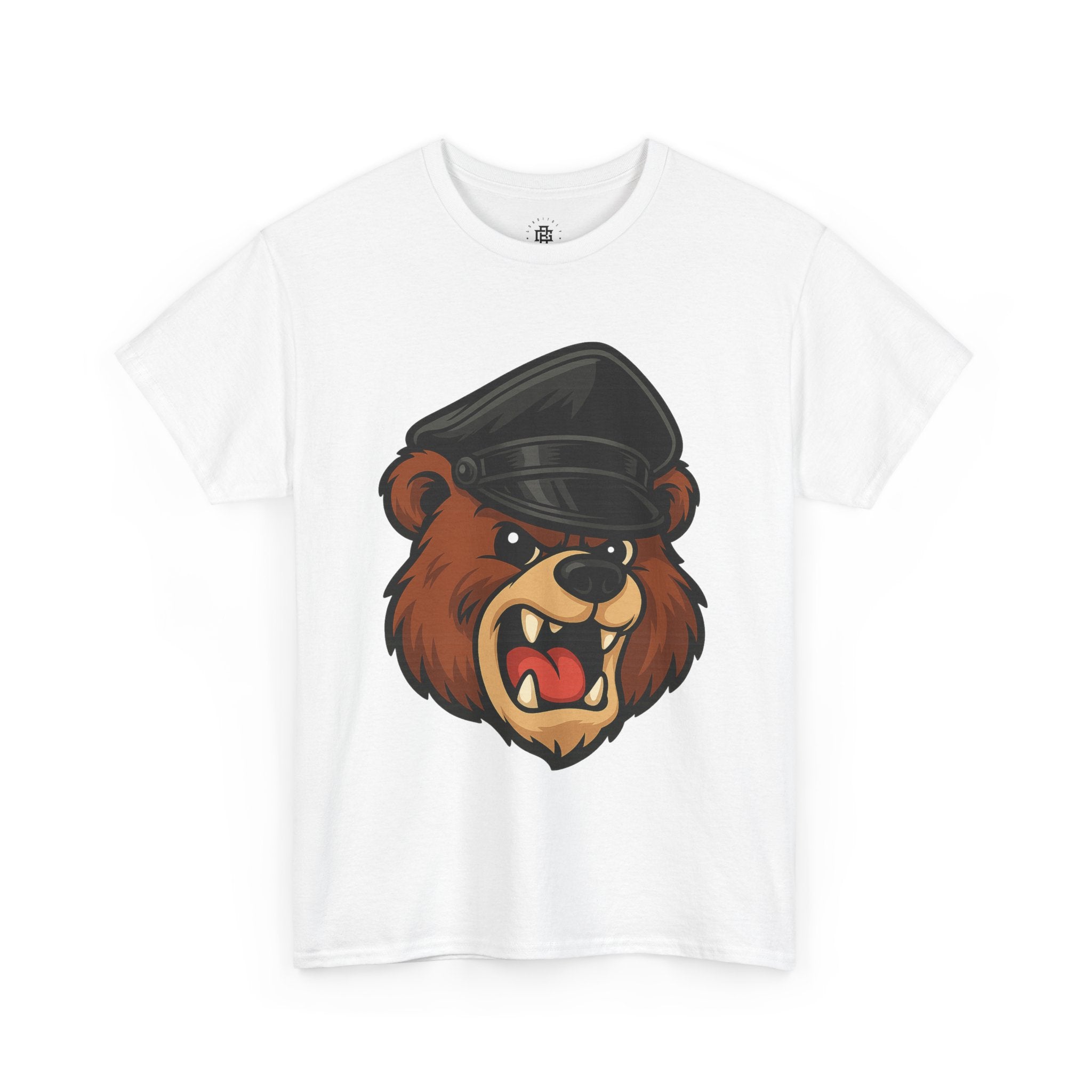 Bear Mascot T-Shirt — Angry Bear Head with Leather Cap Graphic