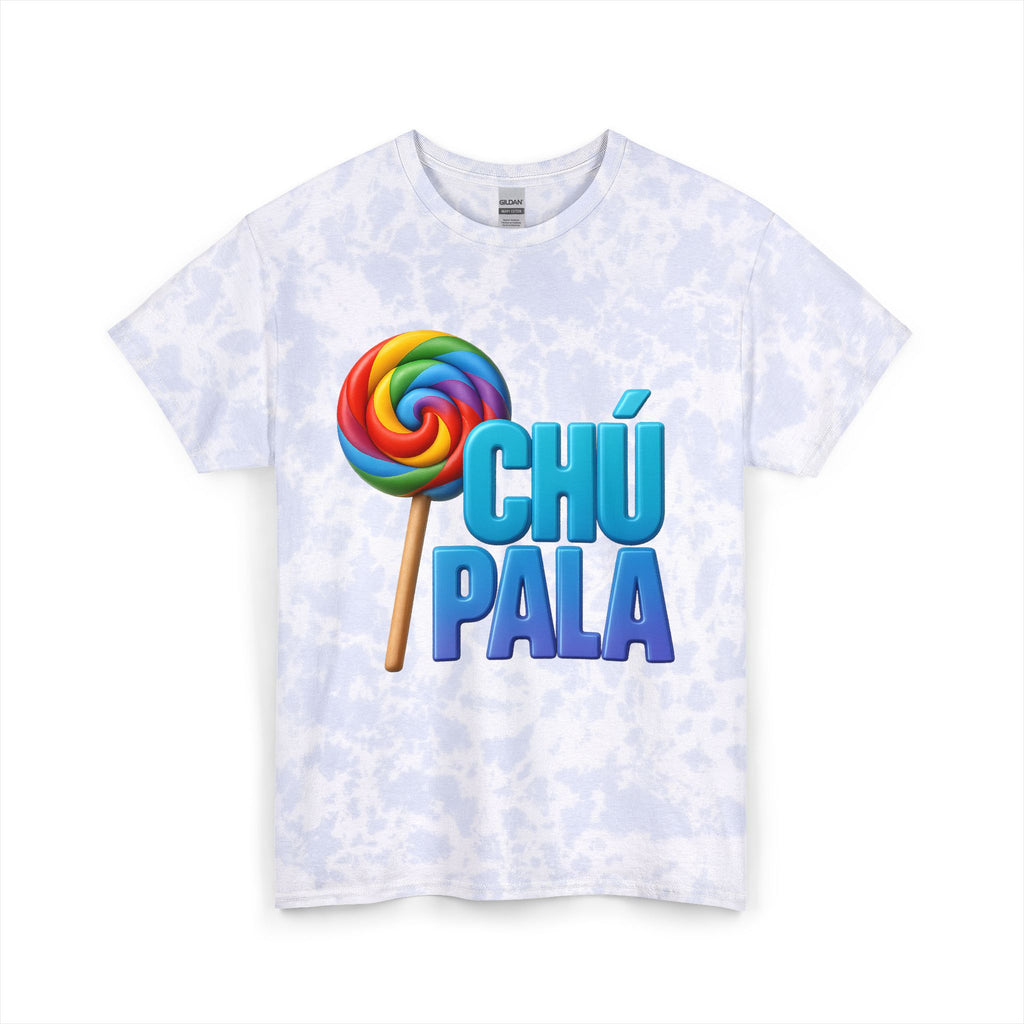 Vista frontal playera Chú Pala diseño tie-dye espiral azul