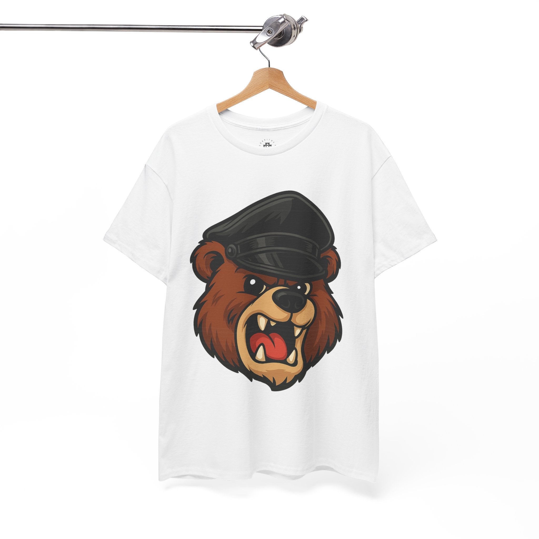 Bear Mascot T-Shirt — Angry Bear Head with Leather Cap Graphic