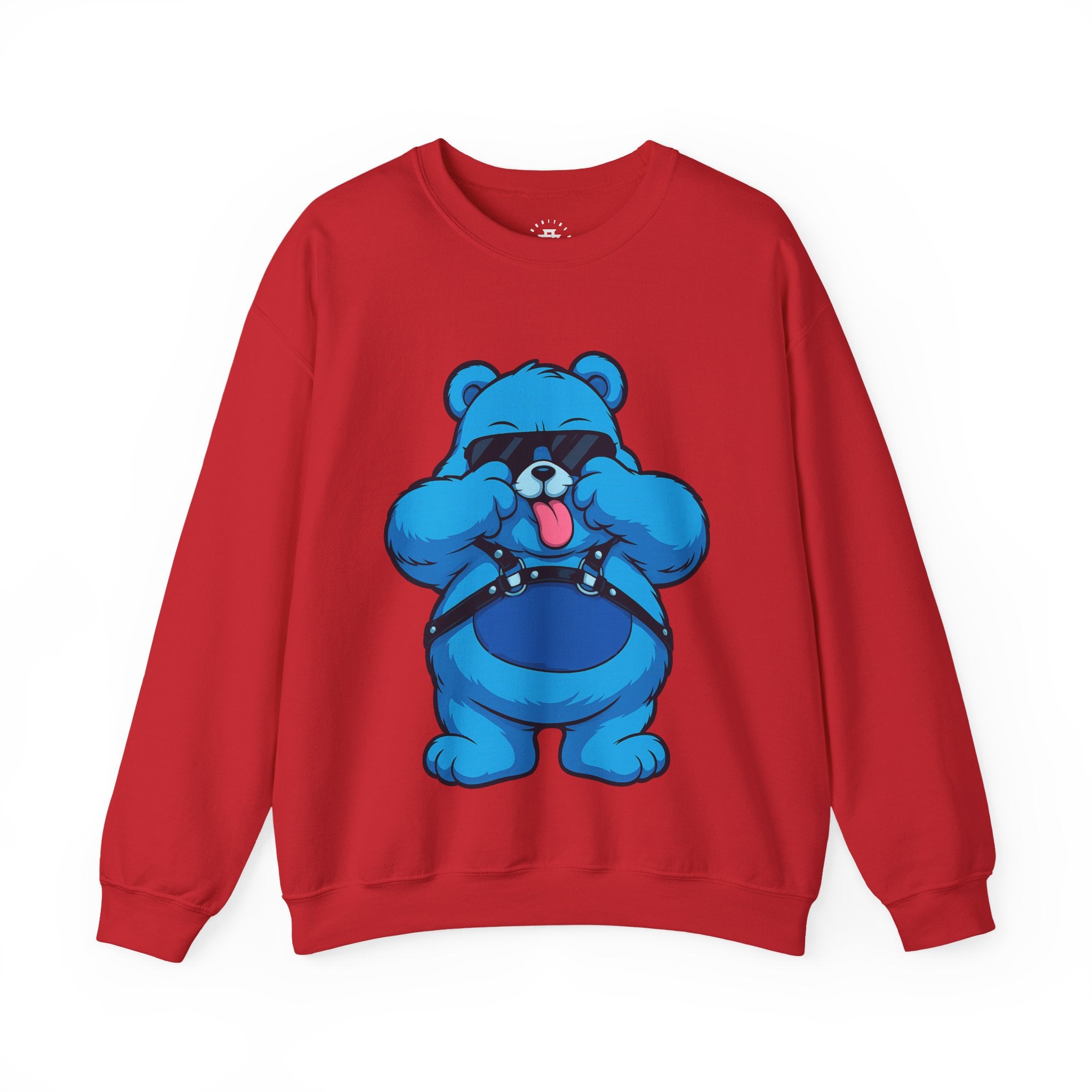 Blue Cartoon Bear Crewneck Sweatshirt — Playful Tongue-Out Bear Design