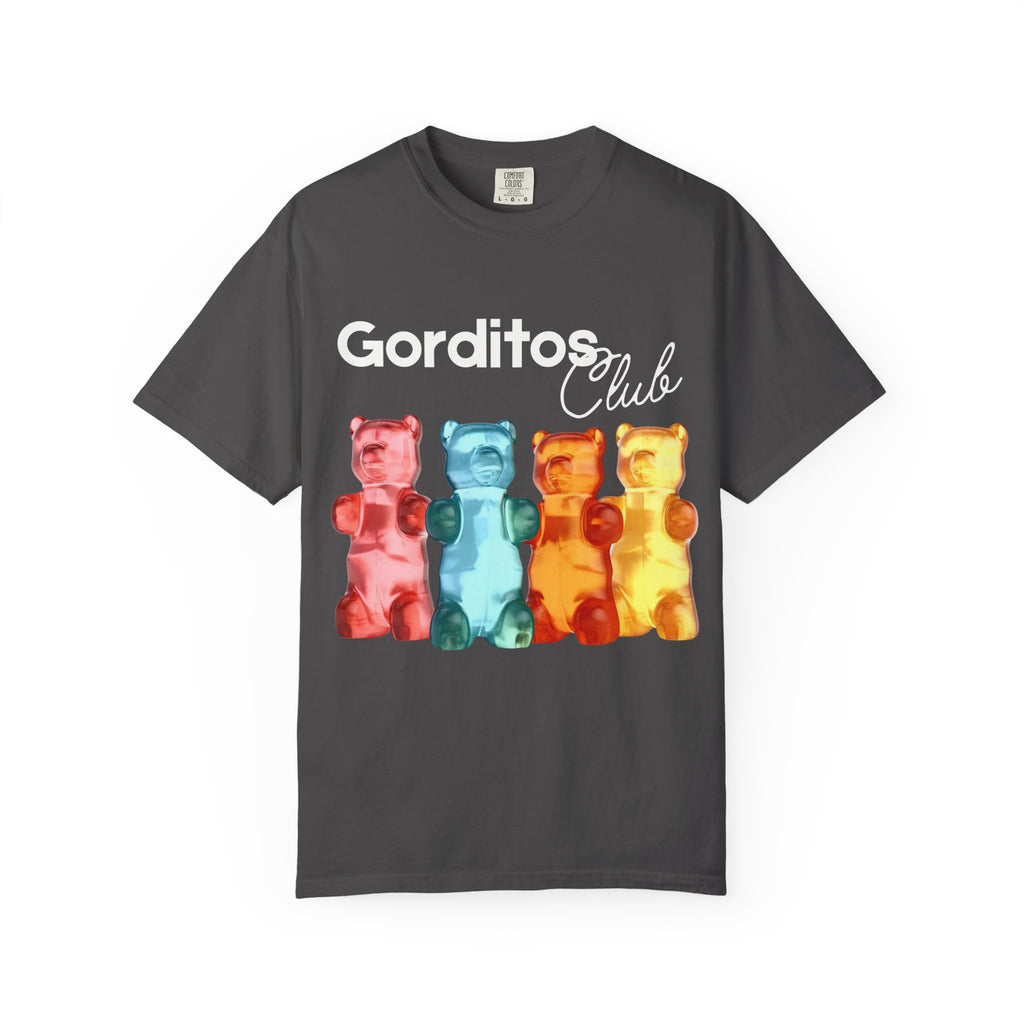 Vista frontal playera Gorditos Club cuatro ositos gummy brillantes