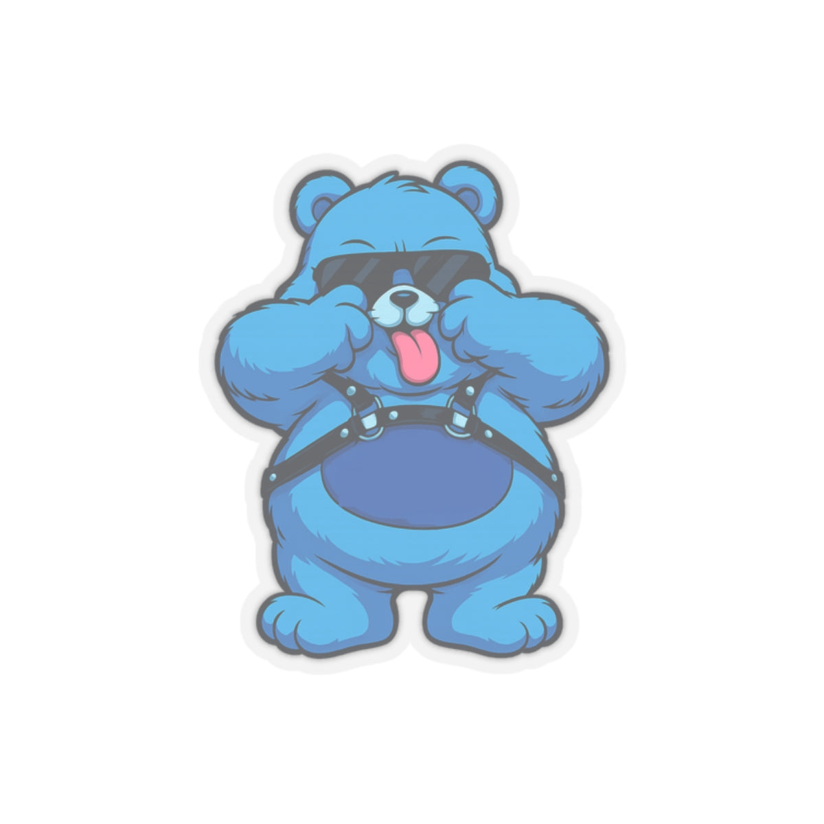 Blue Bear Sticker — Playful Tongue-Out Bear Wearing Sunglasses & Harness (Kiss-Cut)