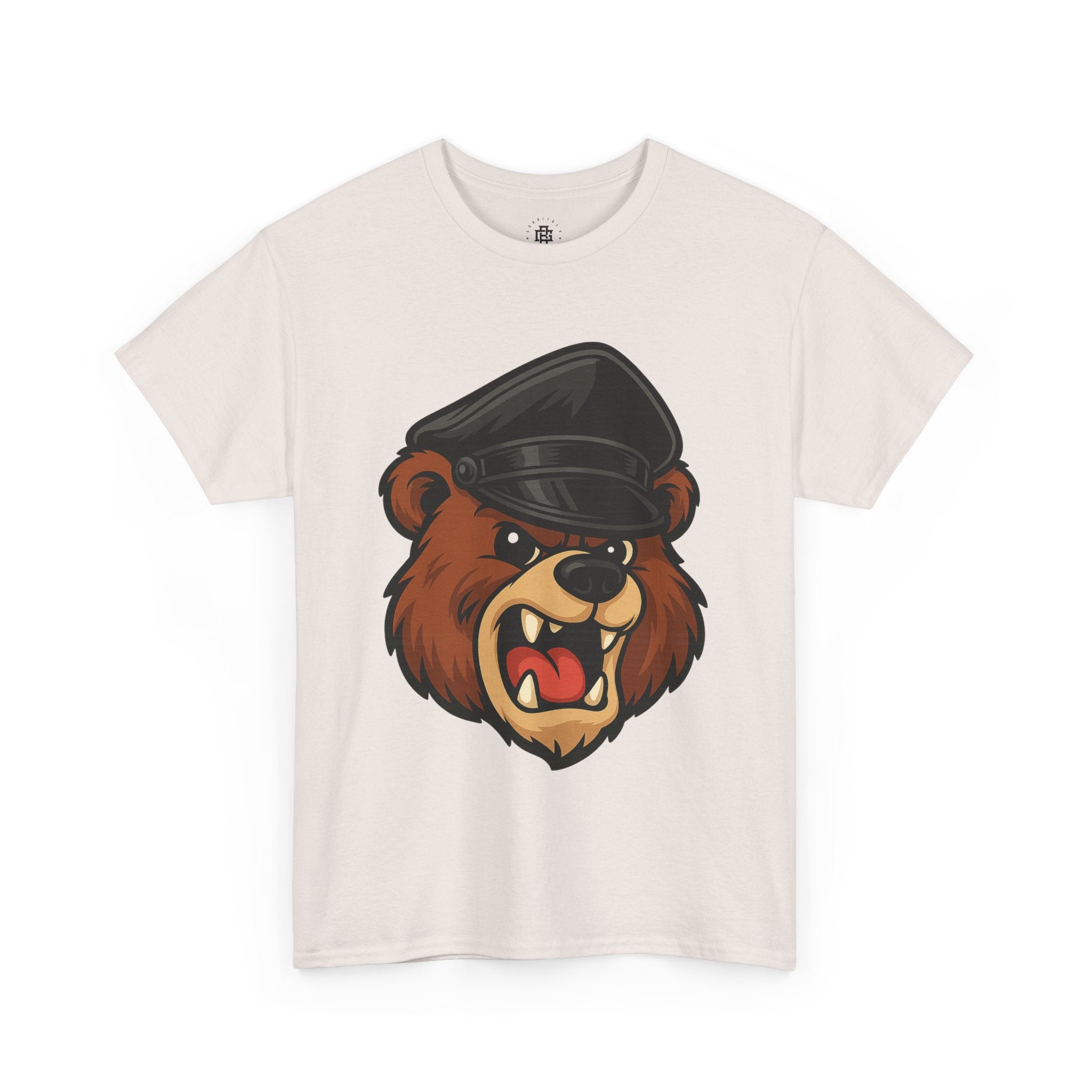 Bear Mascot T-Shirt — Angry Bear Head with Leather Cap Graphic