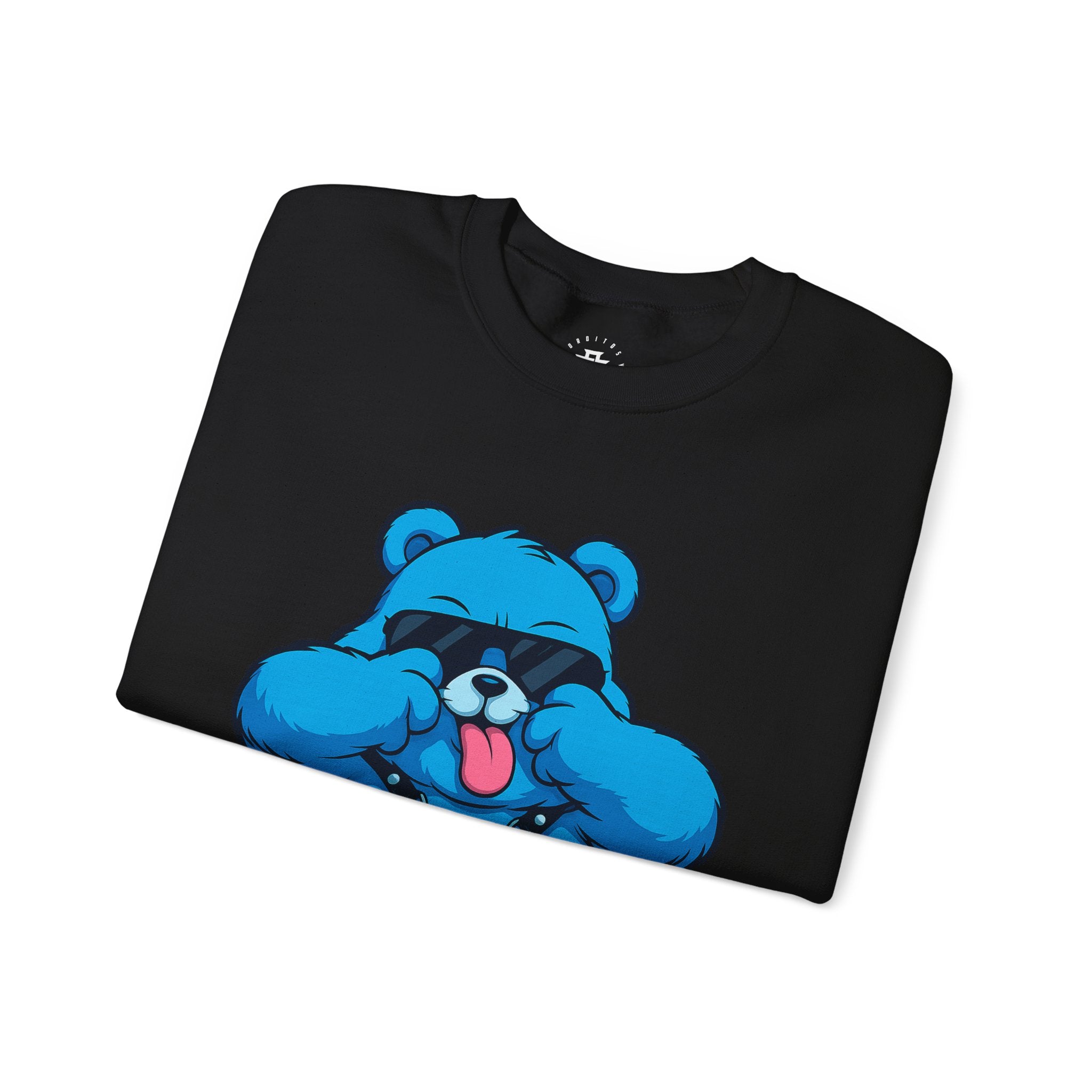 Blue Cartoon Bear Crewneck Sweatshirt — Playful Tongue-Out Bear Design