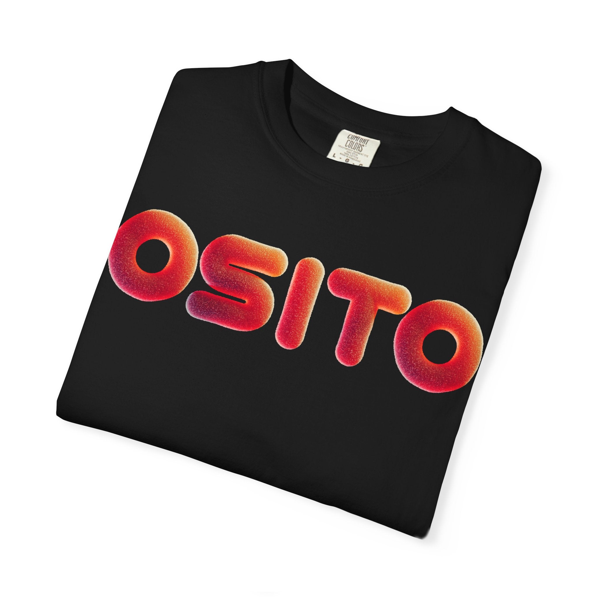 Playera negra Osito con texto 3D en gradiente rojo y amarillo