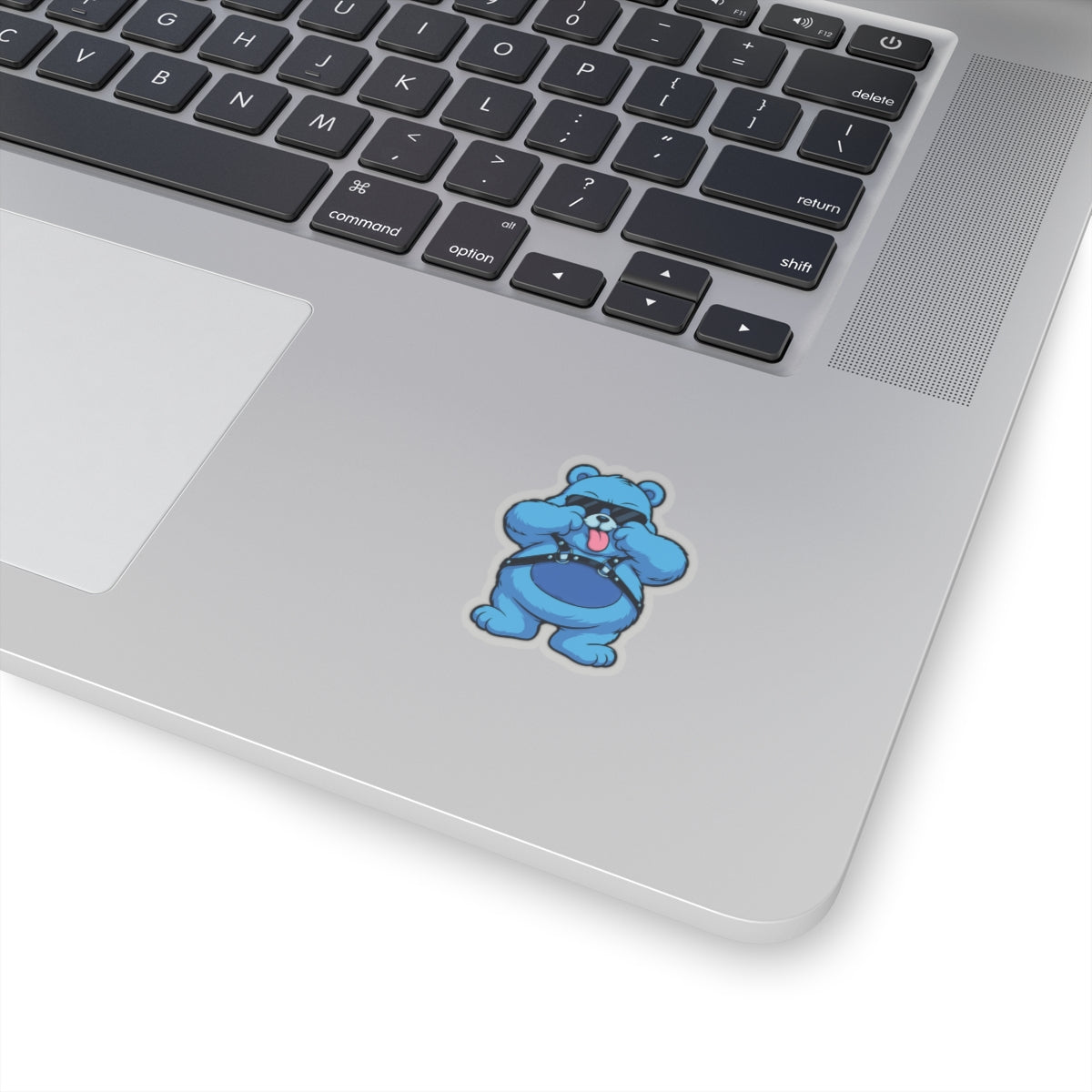 Blue Bear Sticker — Playful Tongue-Out Bear Wearing Sunglasses & Harness (Kiss-Cut)