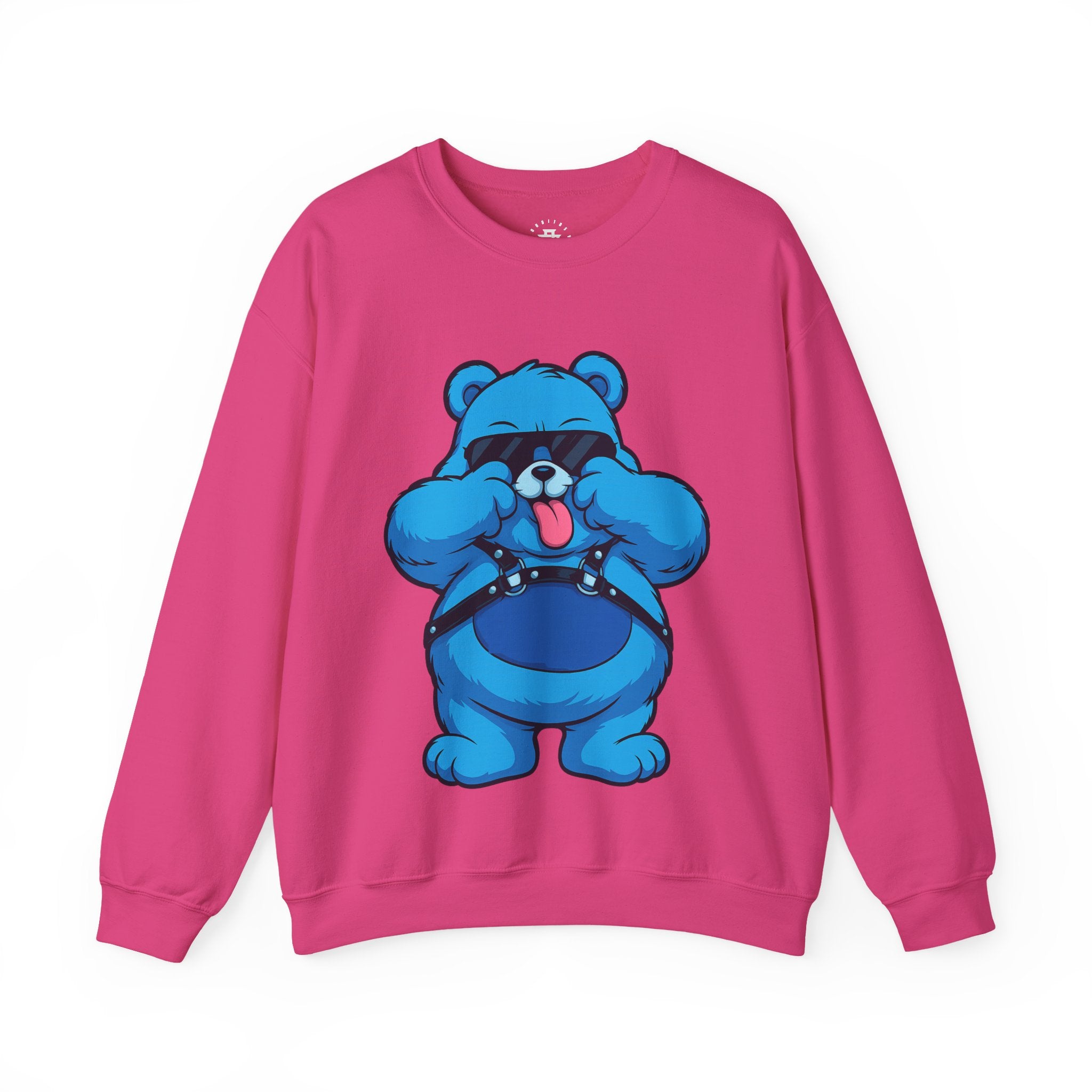 Blue Cartoon Bear Crewneck Sweatshirt — Playful Tongue-Out Bear Design