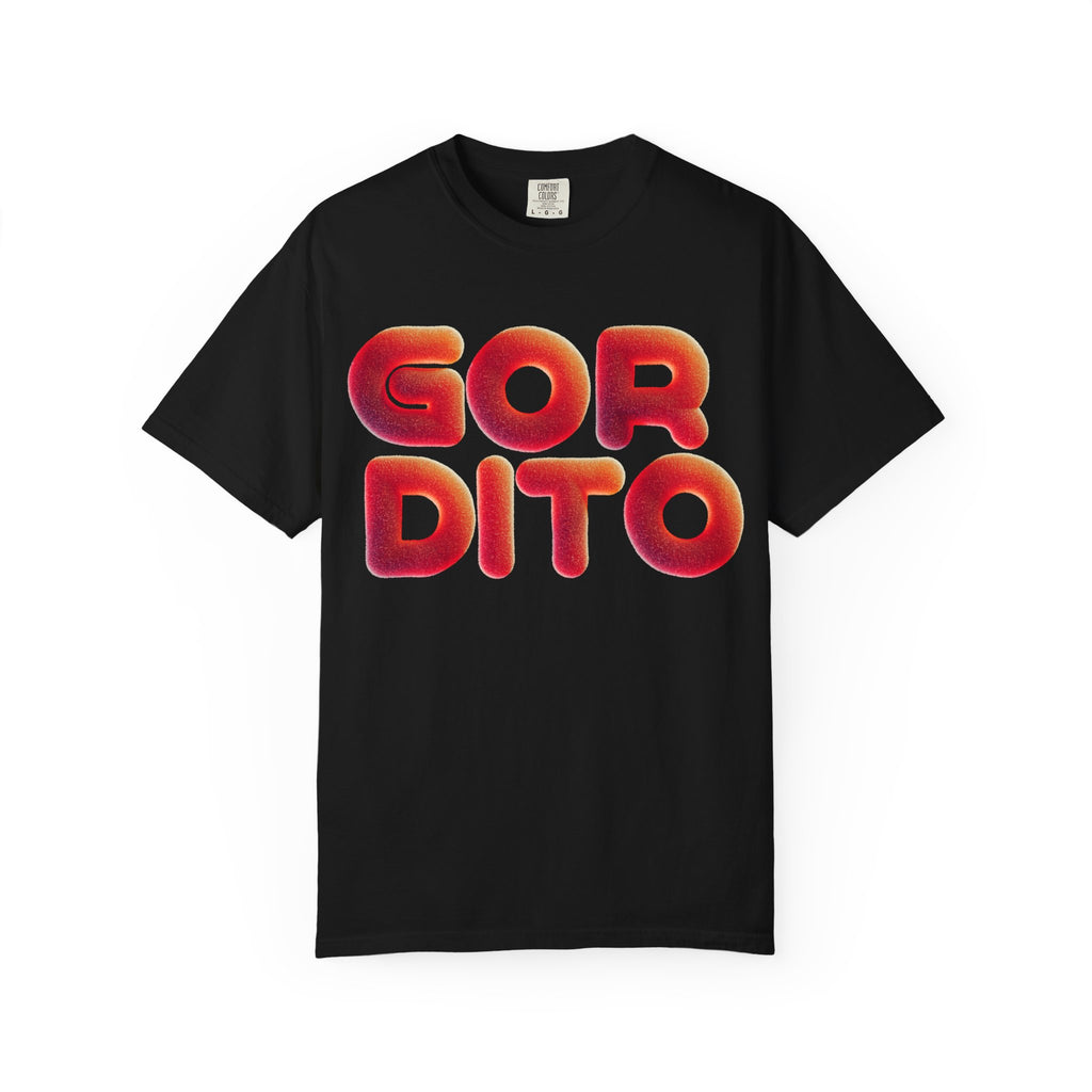 Playera negra Gordito con letras retro rojas en gradiente