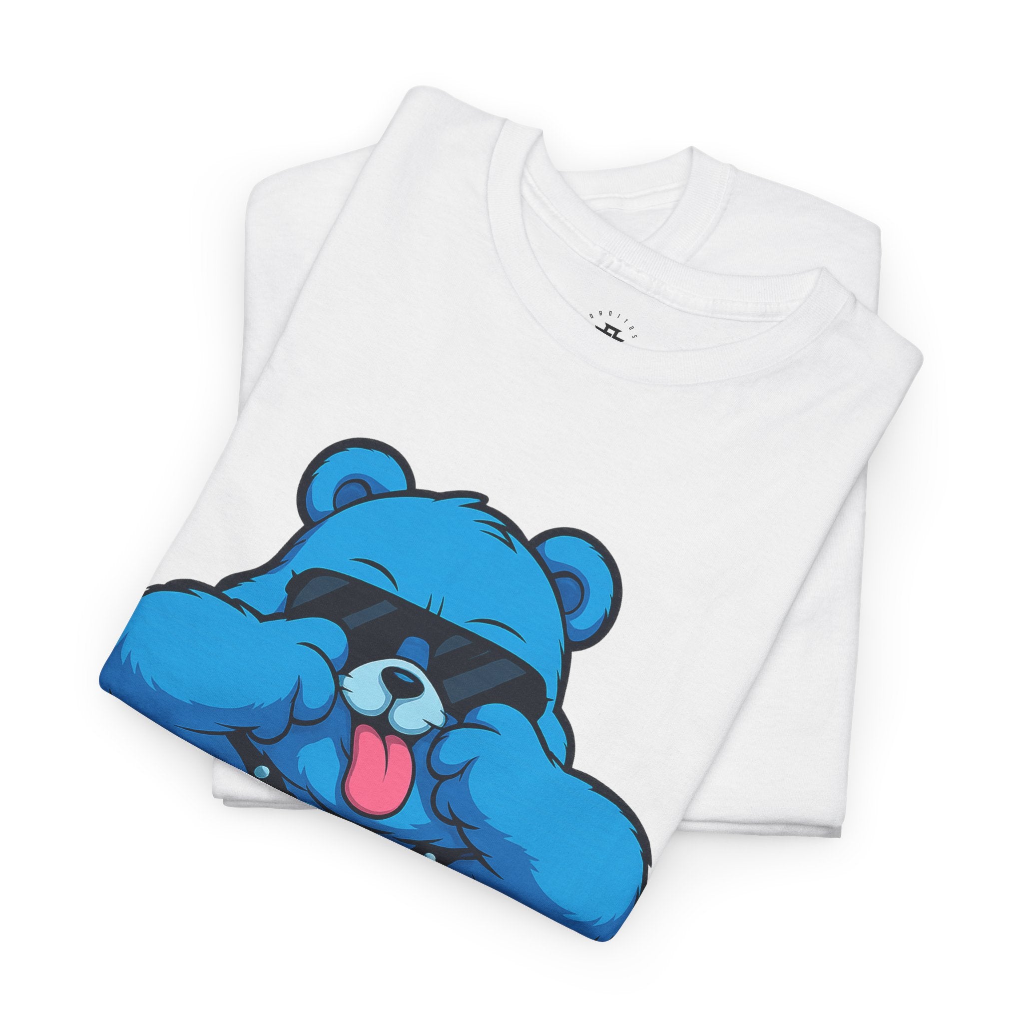 Blue Teddy Bear Graphic T-Shirt — Playful Peekaboo Design