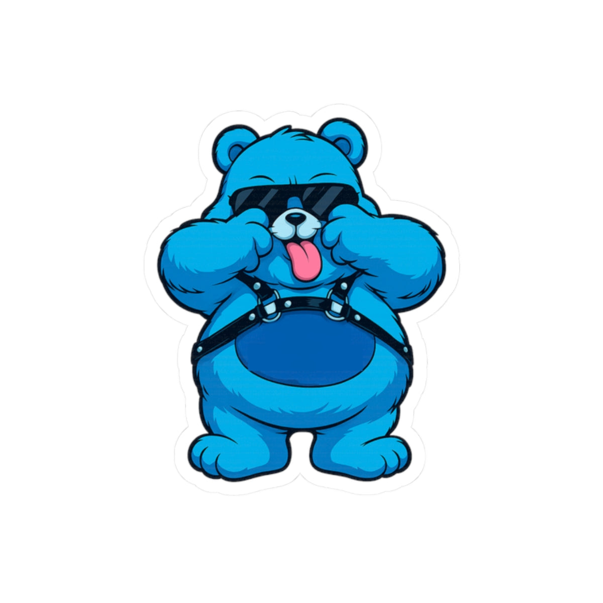 Blue Bear Sticker — Playful Tongue-Out Bear Wearing Sunglasses & Harness (Kiss-Cut)
