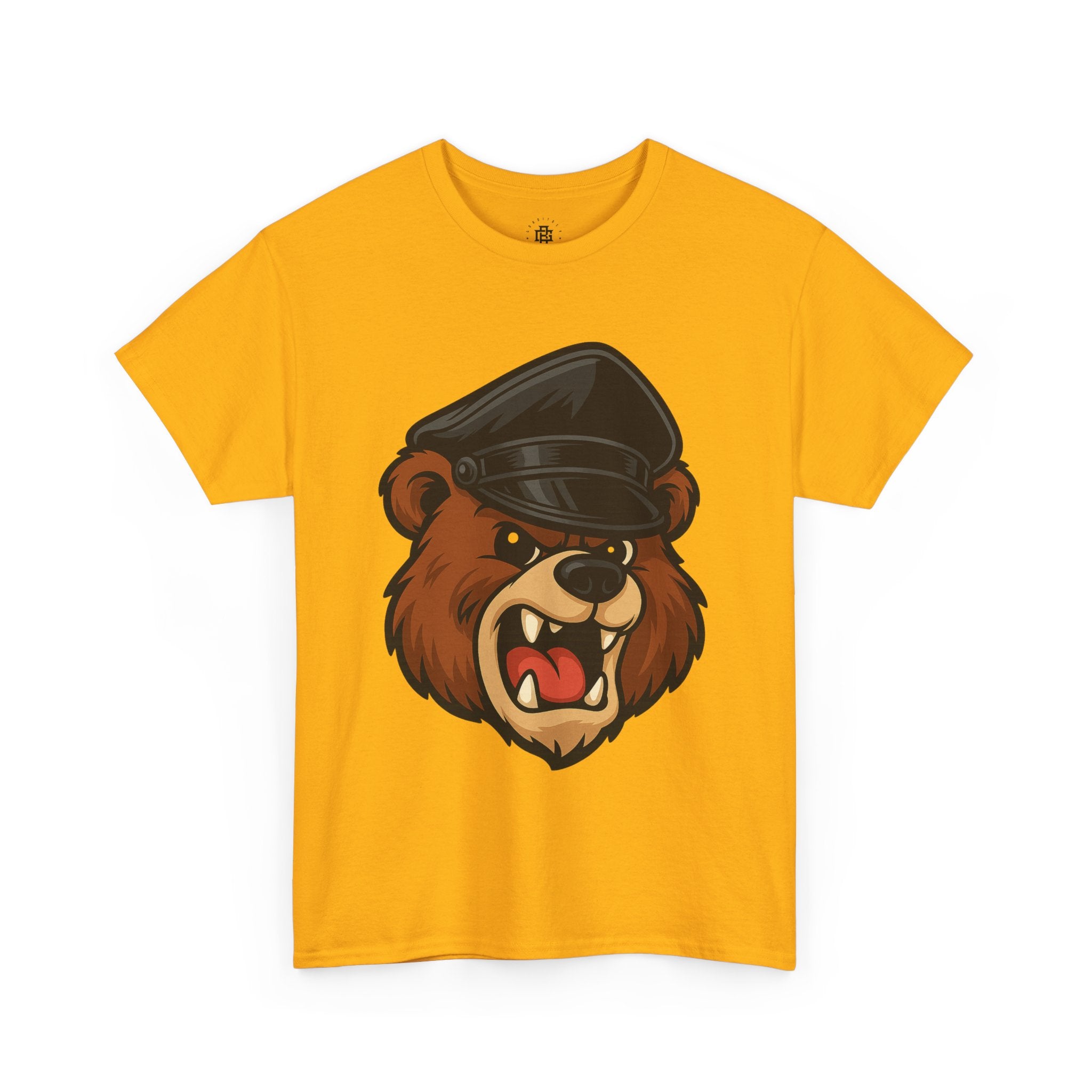 Bear Mascot T-Shirt — Angry Bear Head with Leather Cap Graphic
