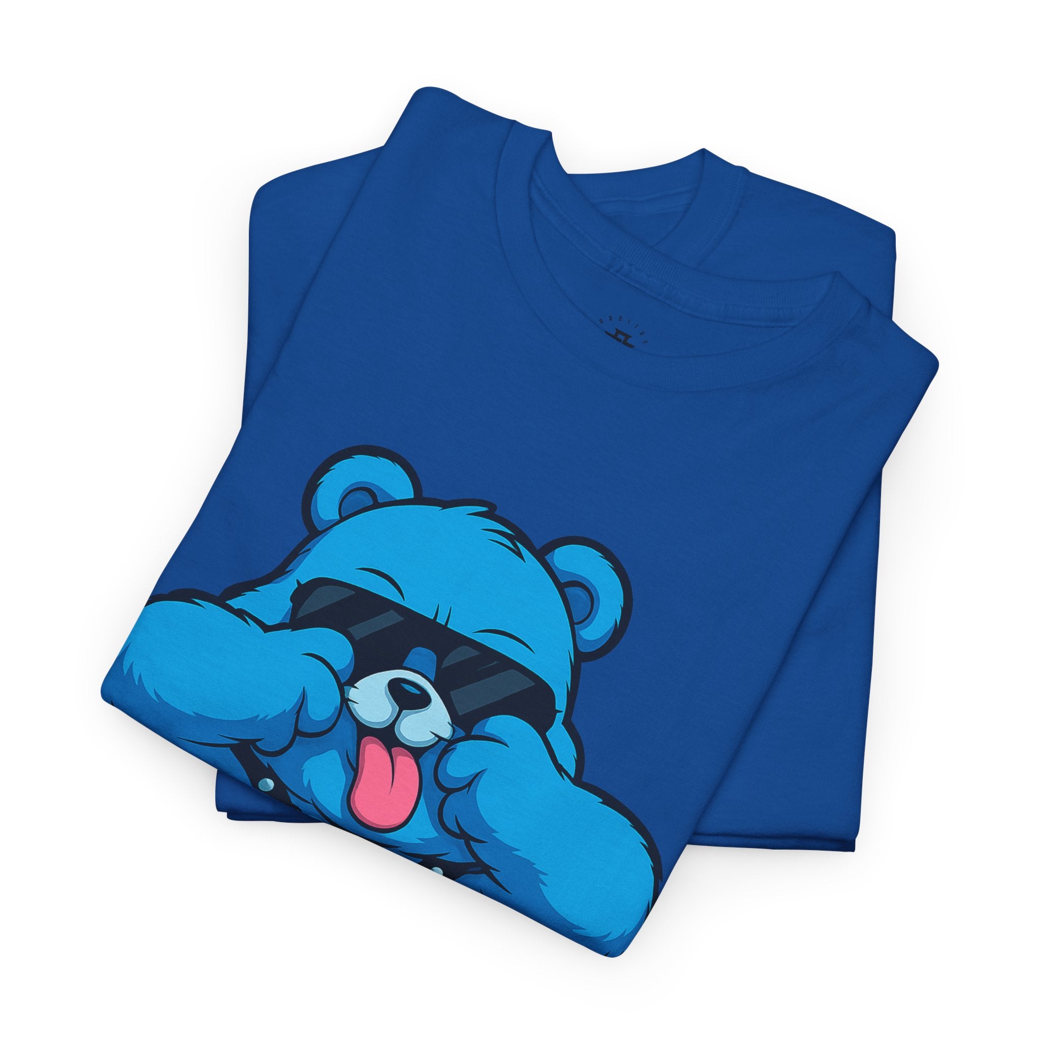 Blue Teddy Bear Graphic T-Shirt — Playful Peekaboo Design