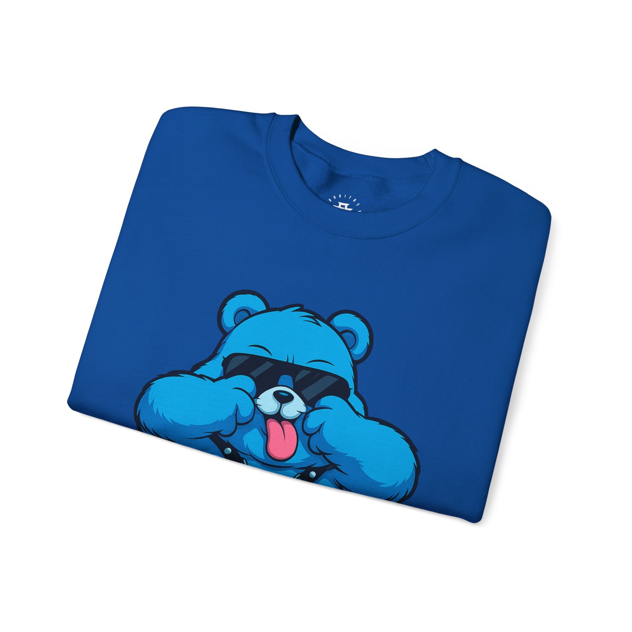 Blue Cartoon Bear Crewneck Sweatshirt — Playful Tongue-Out Bear Design