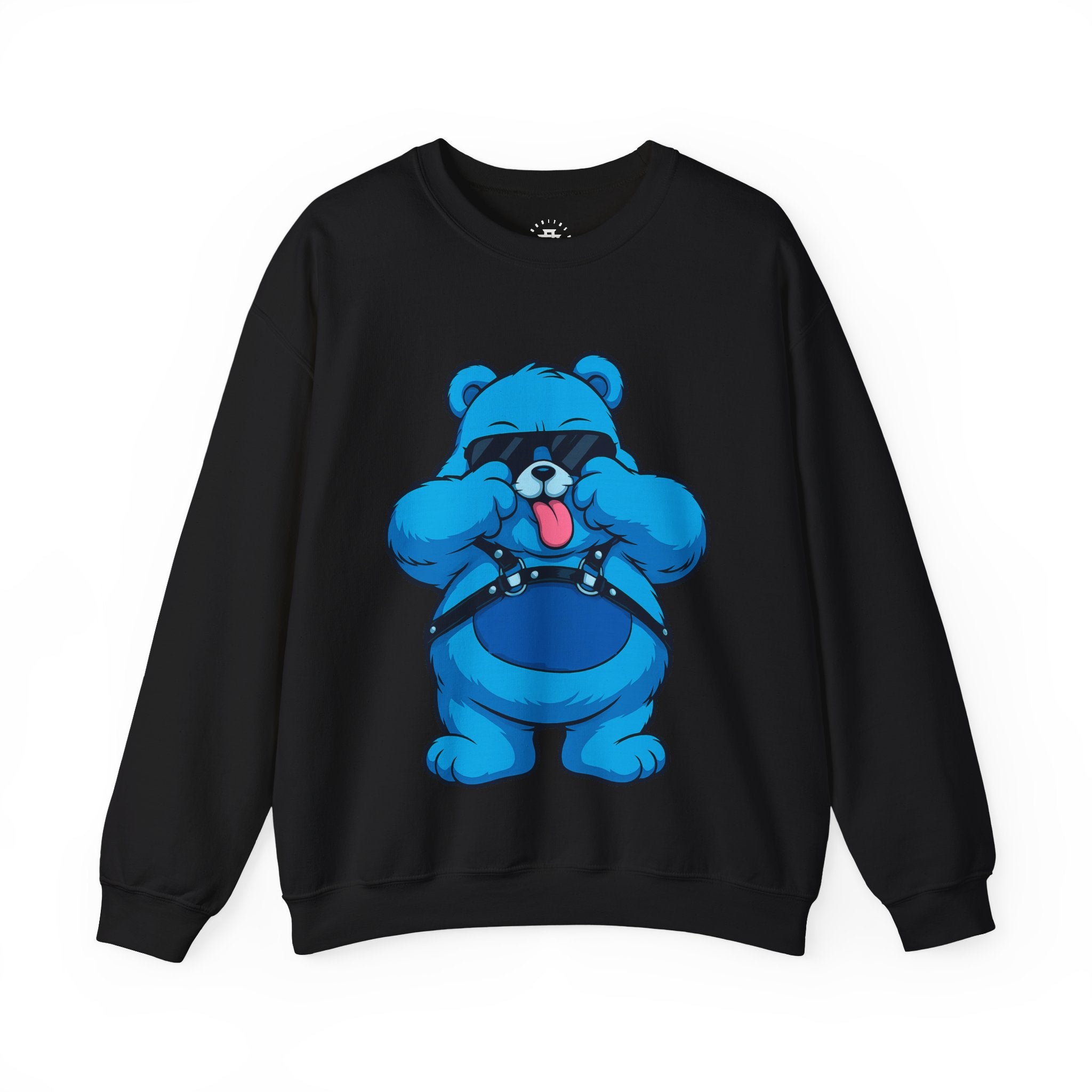 Blue Cartoon Bear Crewneck Sweatshirt — Playful Tongue-Out Bear Design