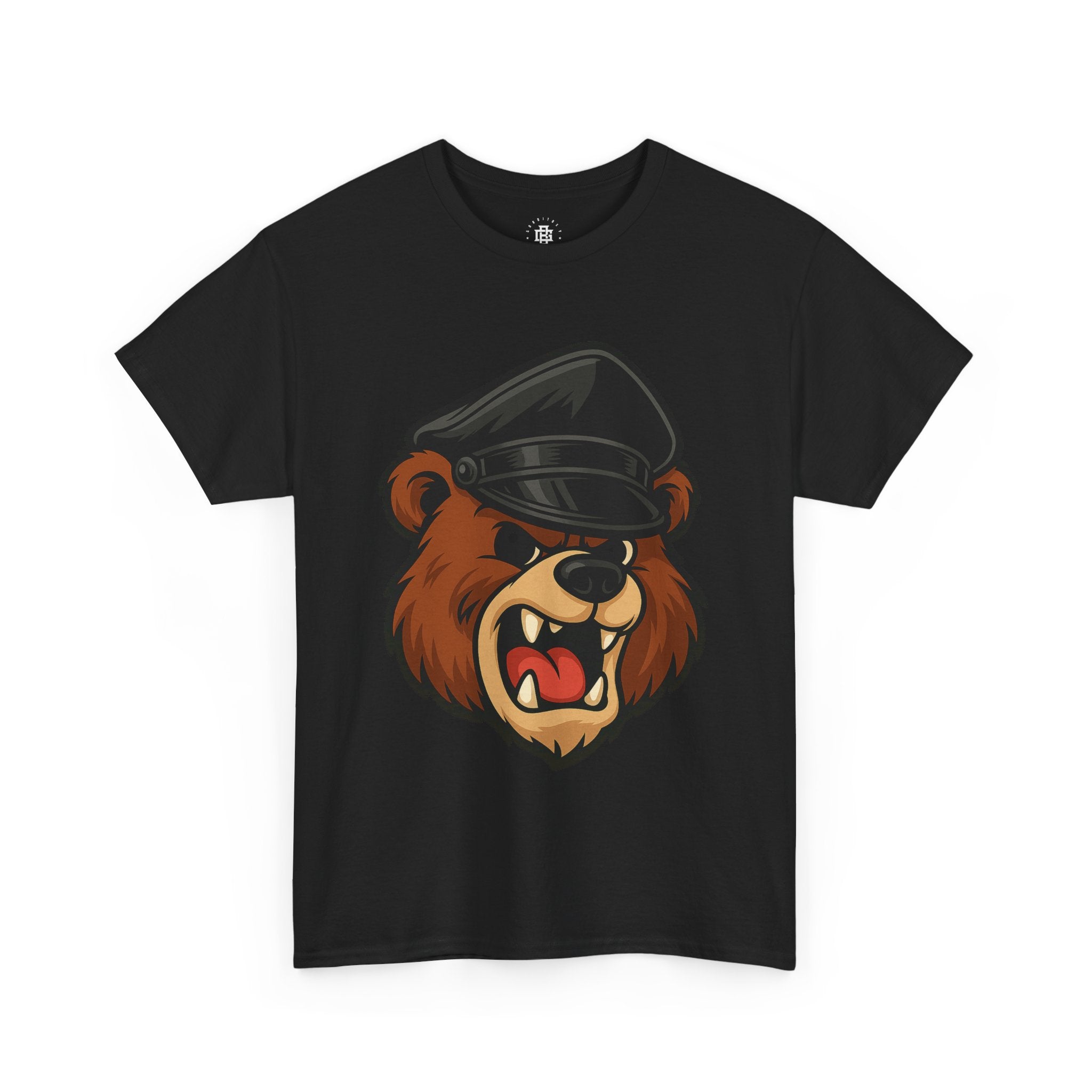 Bear Mascot T-Shirt — Angry Bear Head with Leather Cap Graphic
