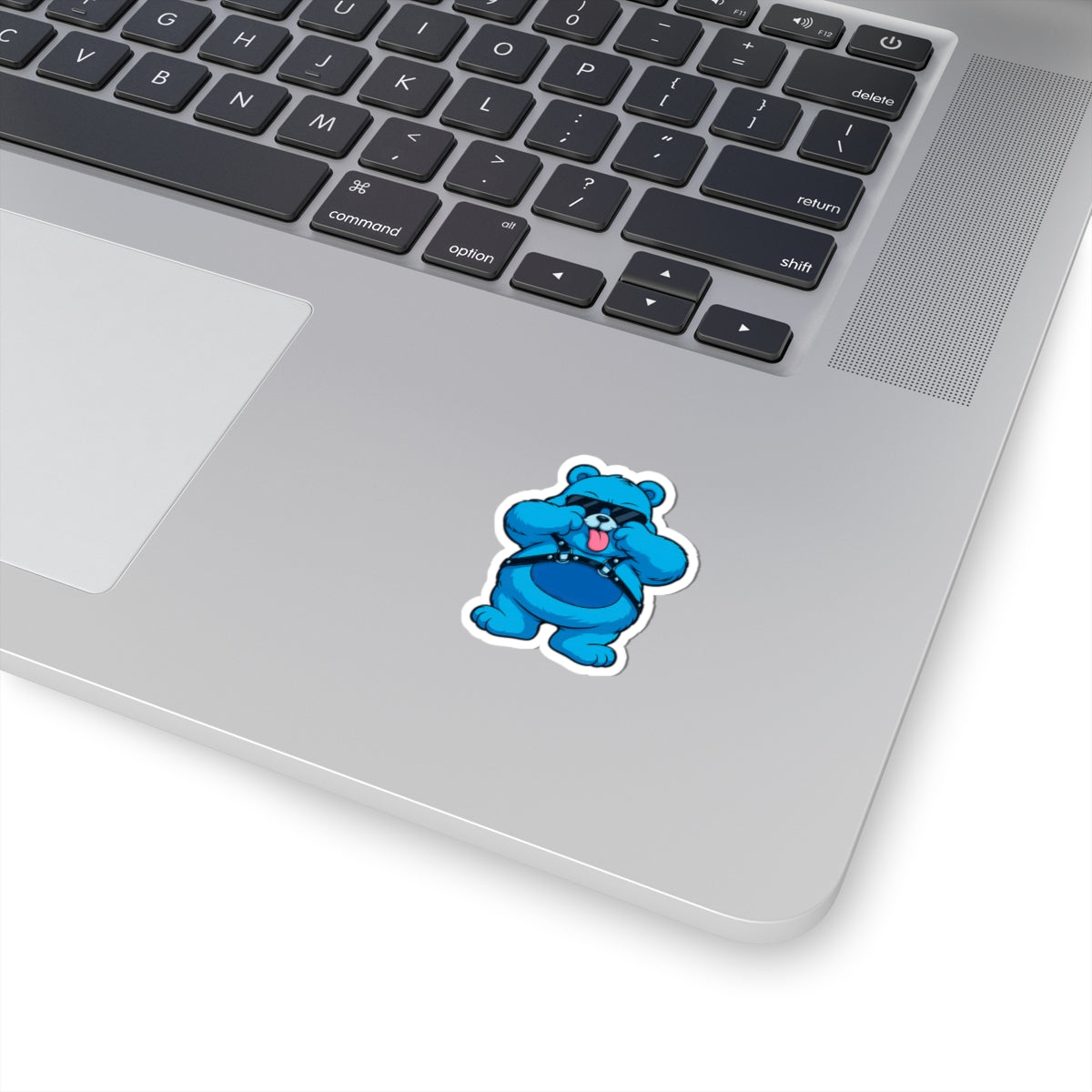 Blue Bear Sticker — Playful Tongue-Out Bear Wearing Sunglasses & Harness (Kiss-Cut)