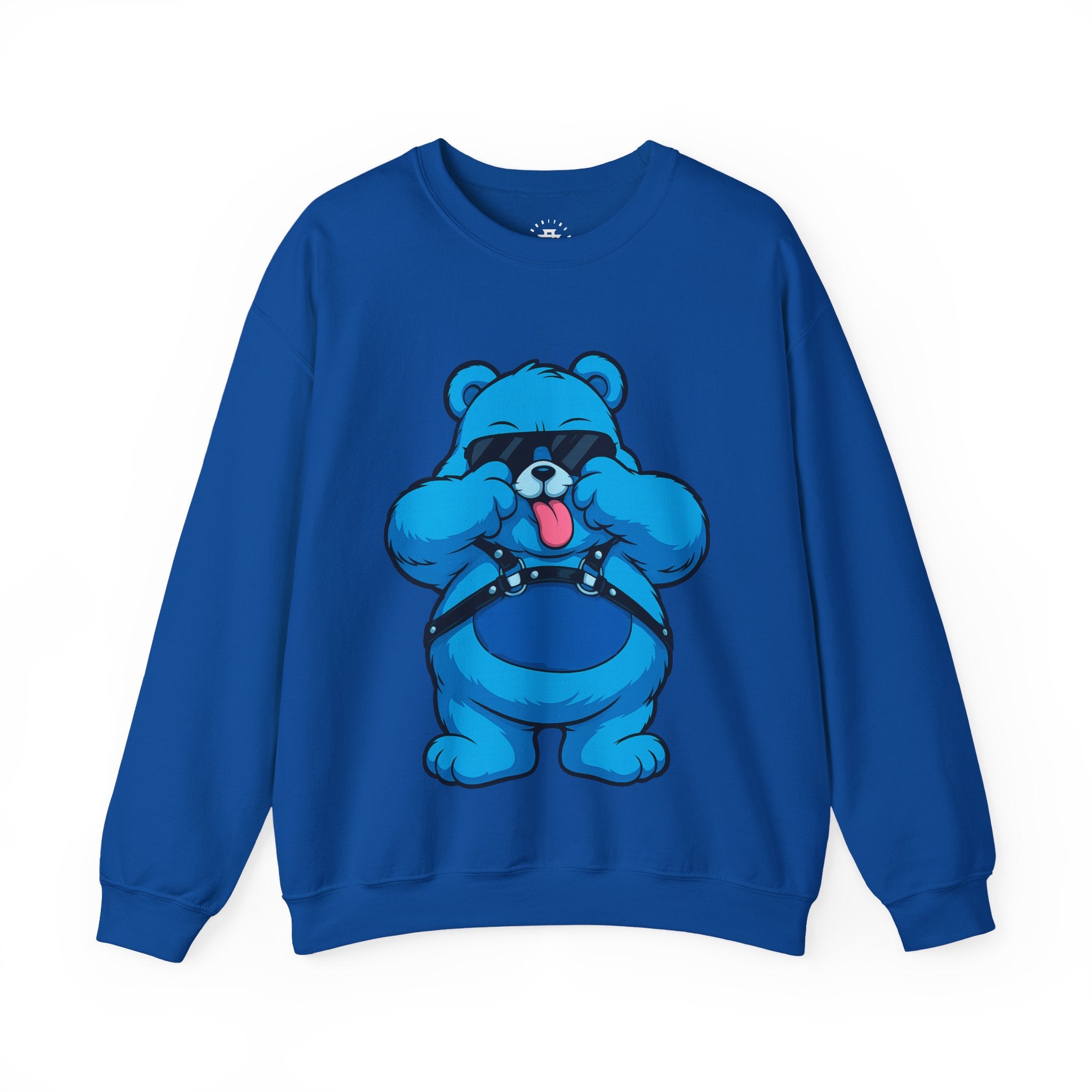 Blue Cartoon Bear Crewneck Sweatshirt — Playful Tongue-Out Bear Design