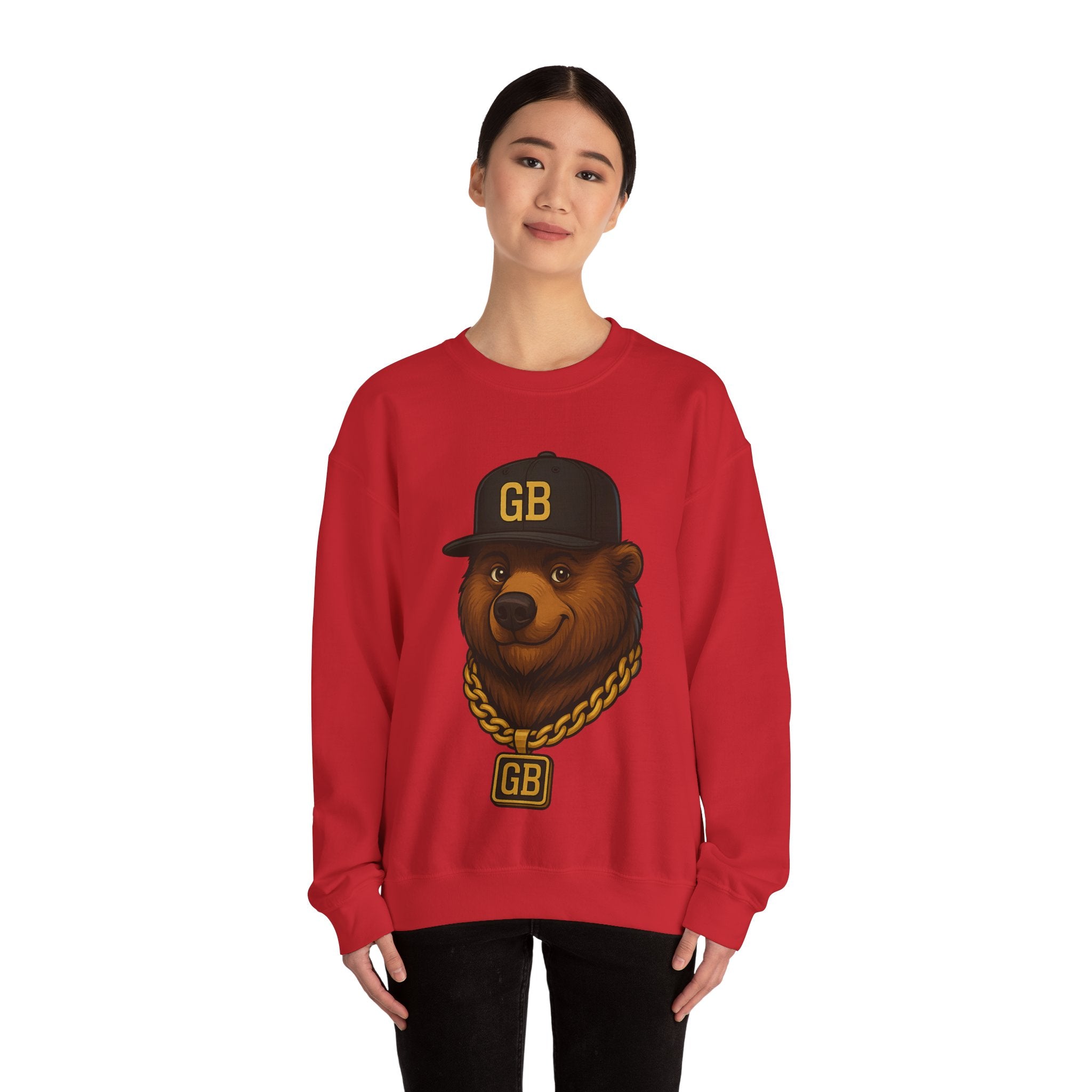 Bear Hip-Hop Crewneck Sweatshirt — Gold GB Chain & Cap Graphic