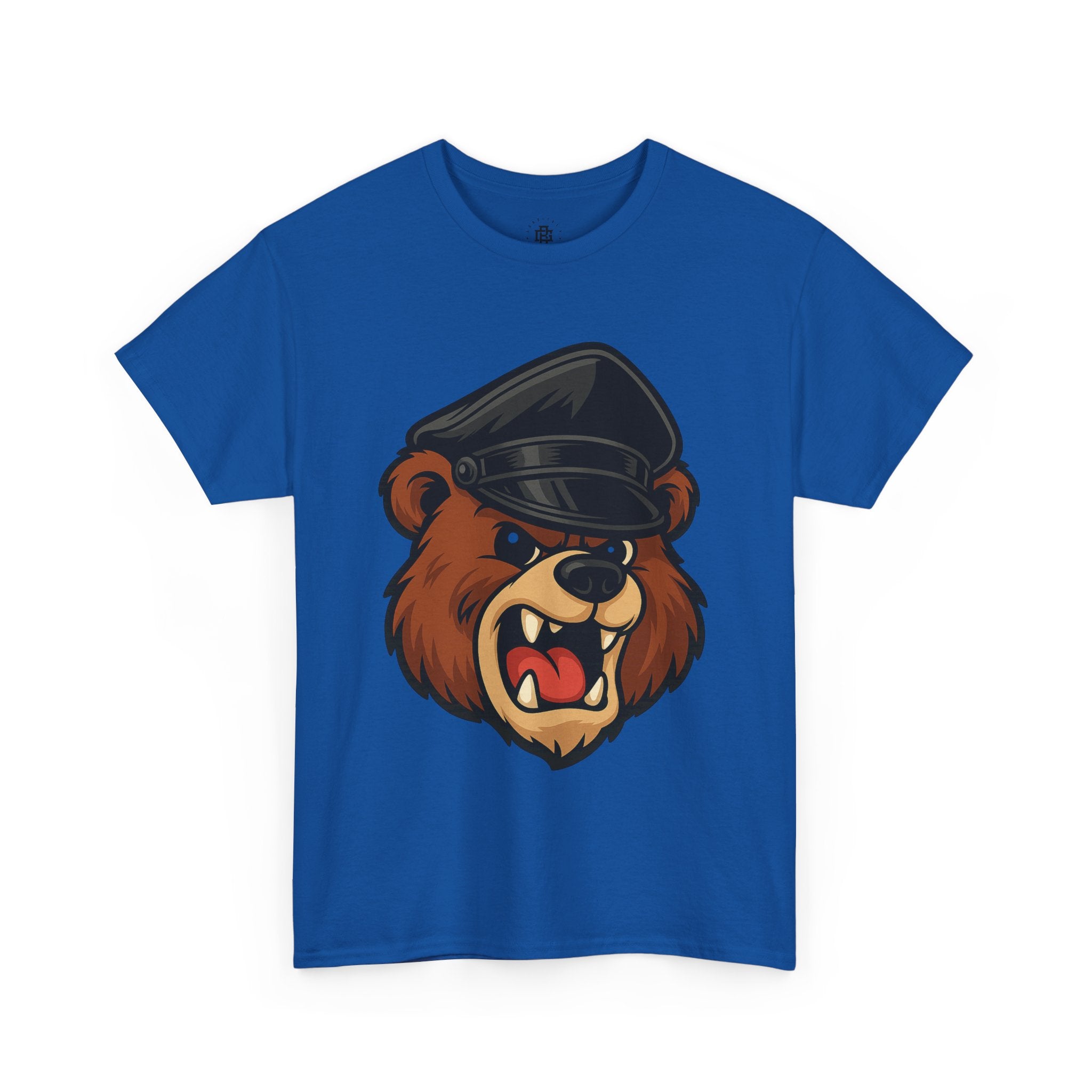 Bear Mascot T-Shirt — Angry Bear Head with Leather Cap Graphic