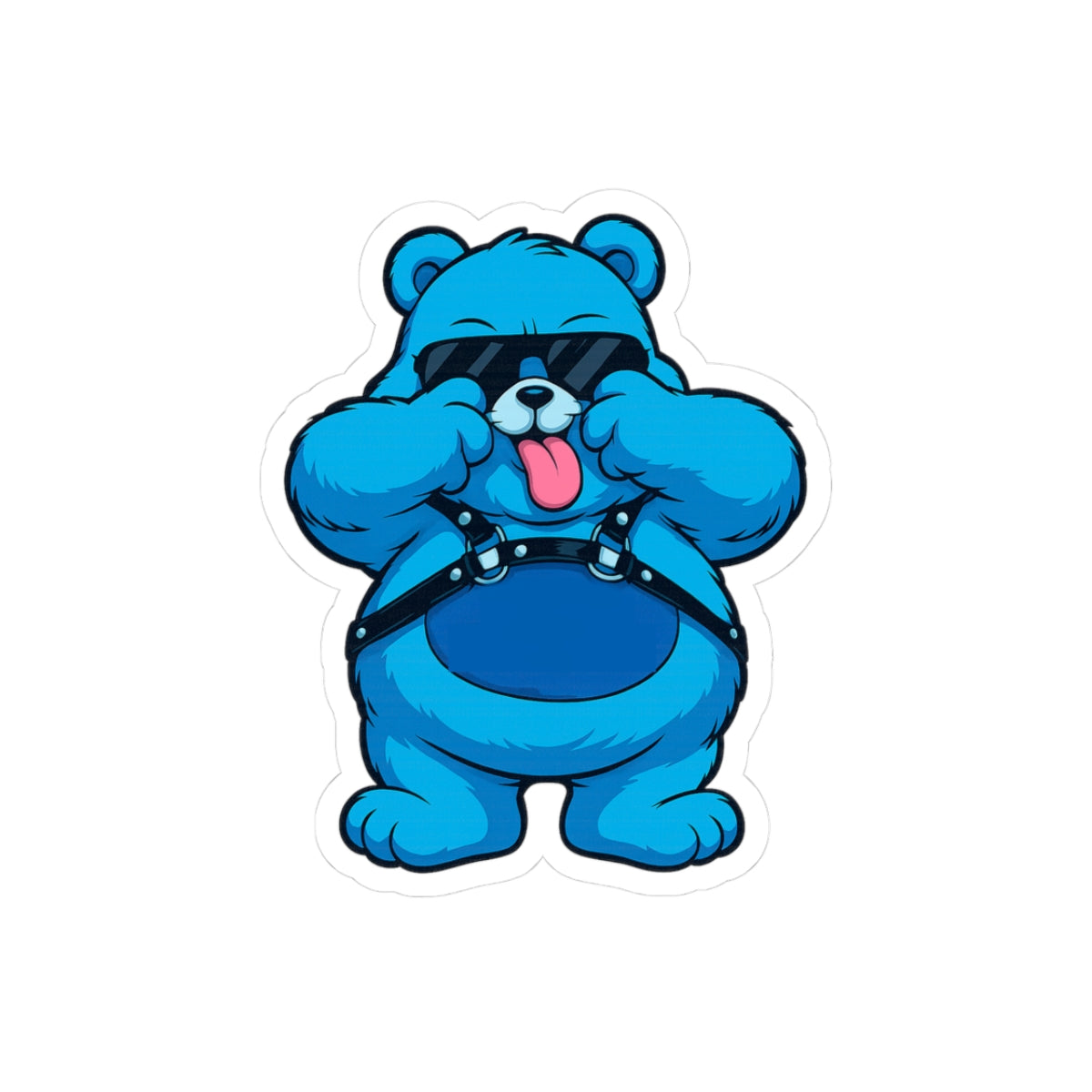 Blue Bear Sticker — Playful Tongue-Out Bear Wearing Sunglasses & Harness (Kiss-Cut)